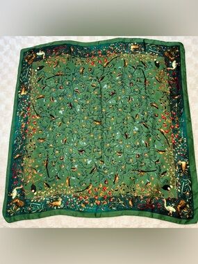 Green Square Botanical Silk-Feel Satin Scarf with Bird & Fruit Motif • 41” x 42”